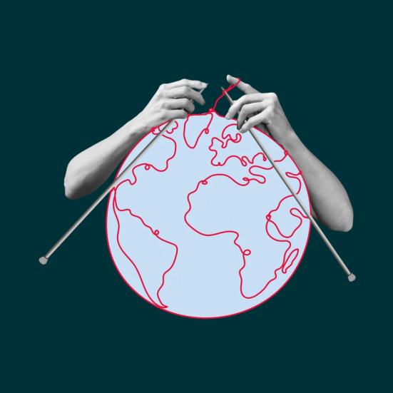 Illustration af to hænder, der strikker en globus.
