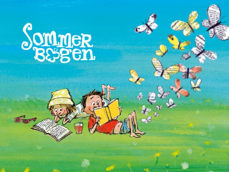 Illustration af to børn, der ligger på græsset og læser, flyvende sommerfugle og logoet for sommerbogen.