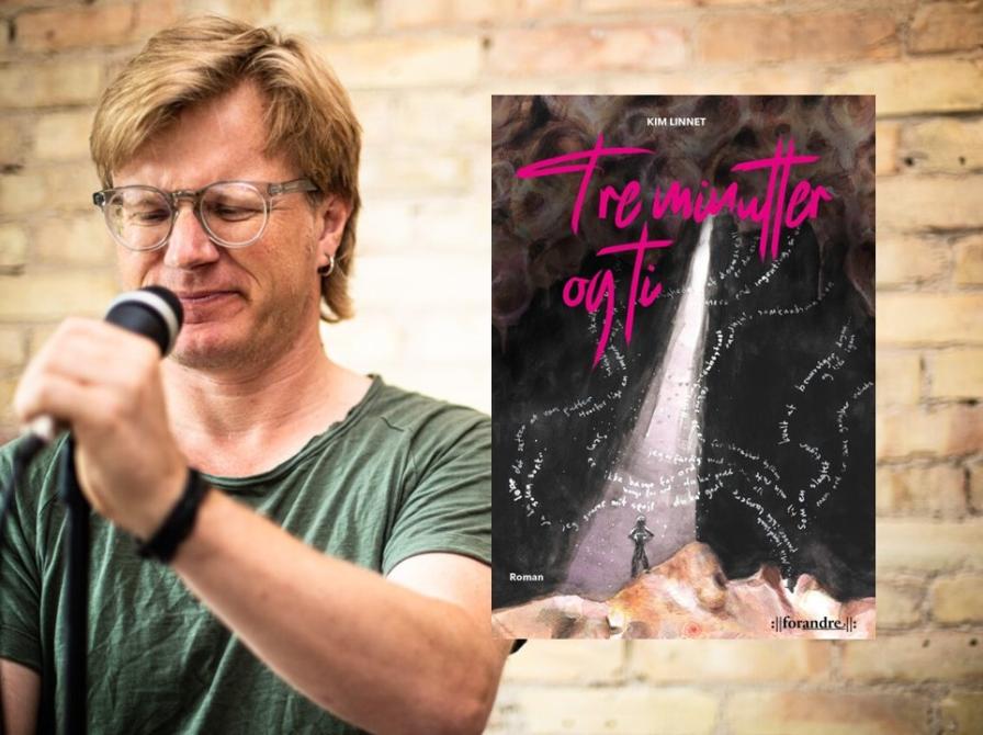 Billede af Kim Linnet, der poetry slammer, og af forsiden til hans nye bog.