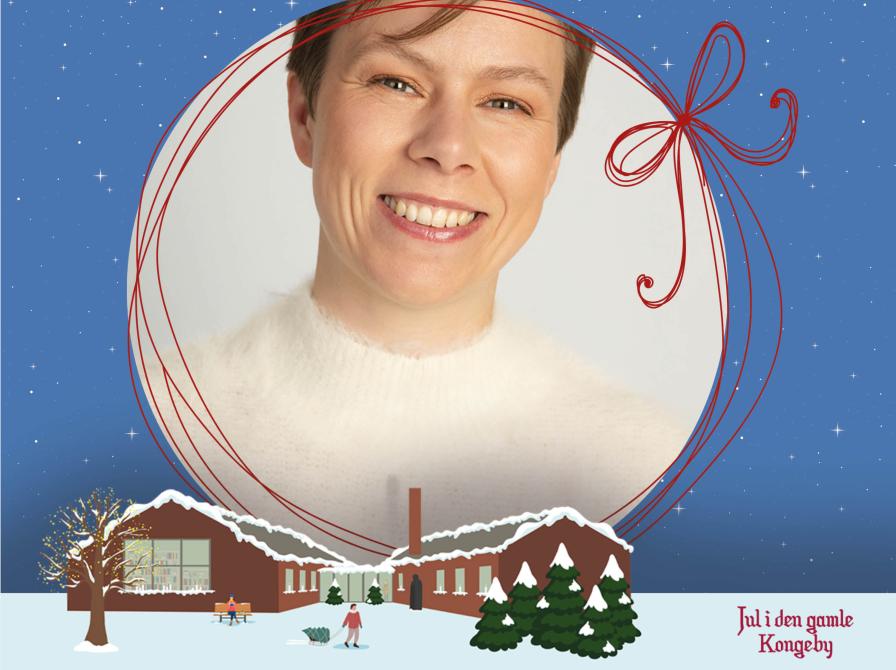 Foto af Lisa Joan Johansen i en julekugle på en stjernehimmebaggrund med et sneklædt Nyborg Bibliotek og ordene "Jul i den gamle Kongeby"