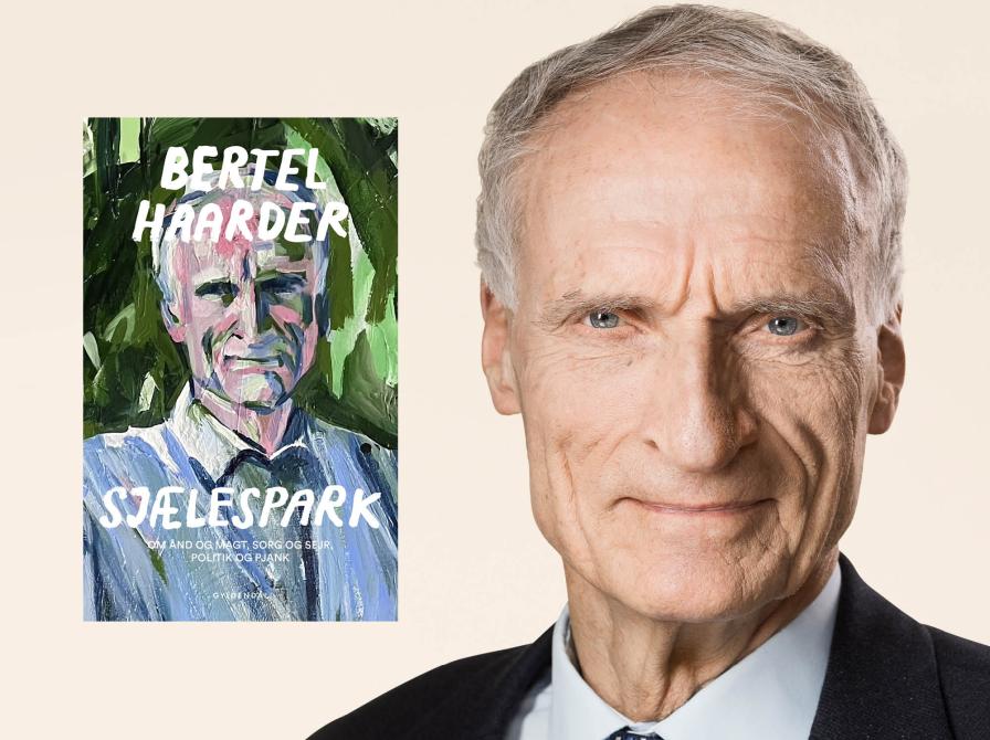 Portræt af Bertel Haarder og bogforsiden til Sjælespark. Foto: Steen Brogaard